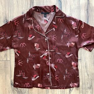 Midnight Bakery S Howdy Print‎ Pajama Top Button Up Satin Western Cowgirl
